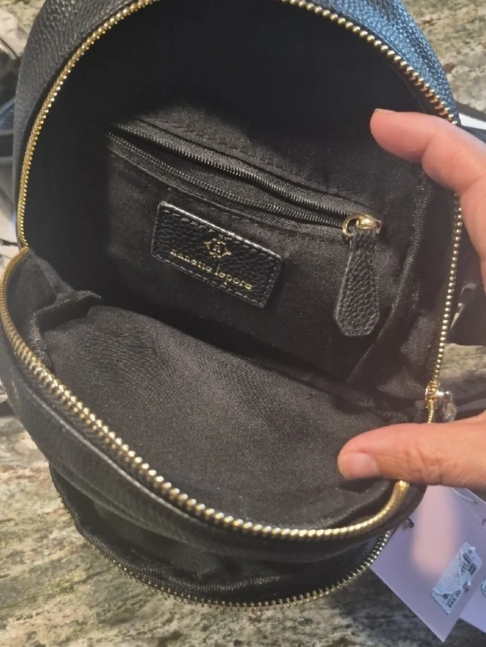 Nanette Lepore Black Pebbled Faux Leather 4-in-1 Mini Backpack with Gold Logo